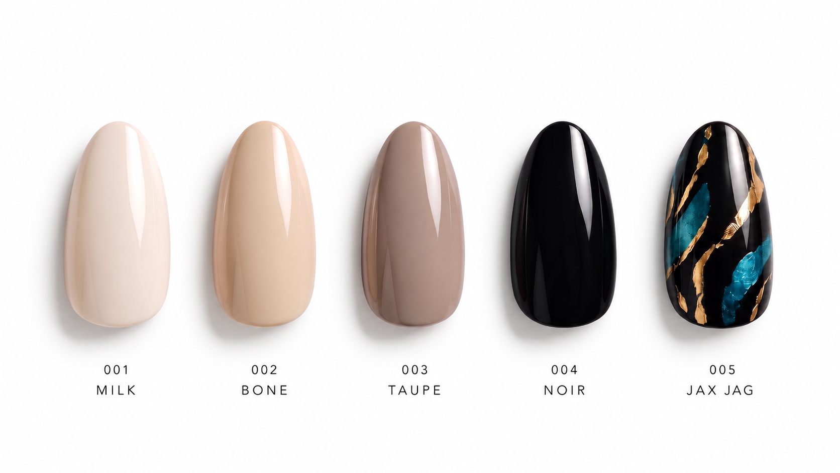SET. Core Collection shade comparison: 001 MILK, 002 BONE, 003 TAUPE, 004 NOIR, 005 JAX JAG.