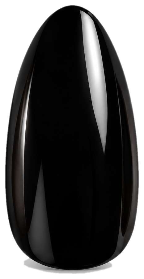 SET. 004 NOIR glossy black almond press-on nail on white.