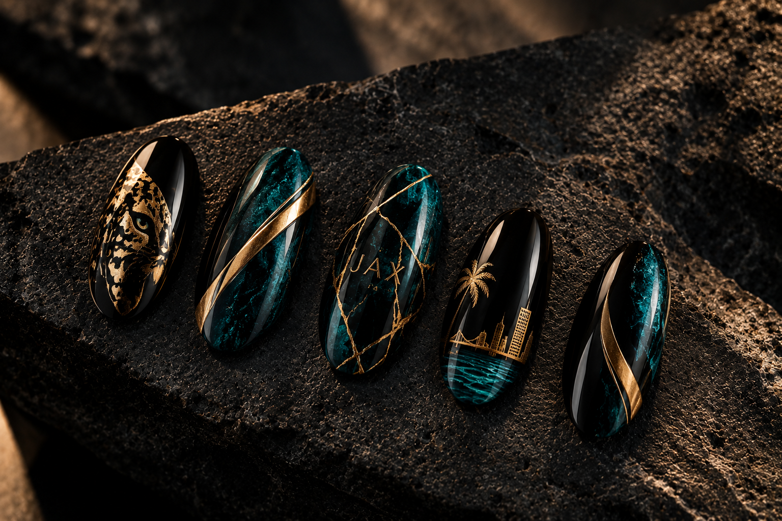 SET. 005 JAX JAG black, petrol teal and metallic gold almond press-on nails on dark stone.