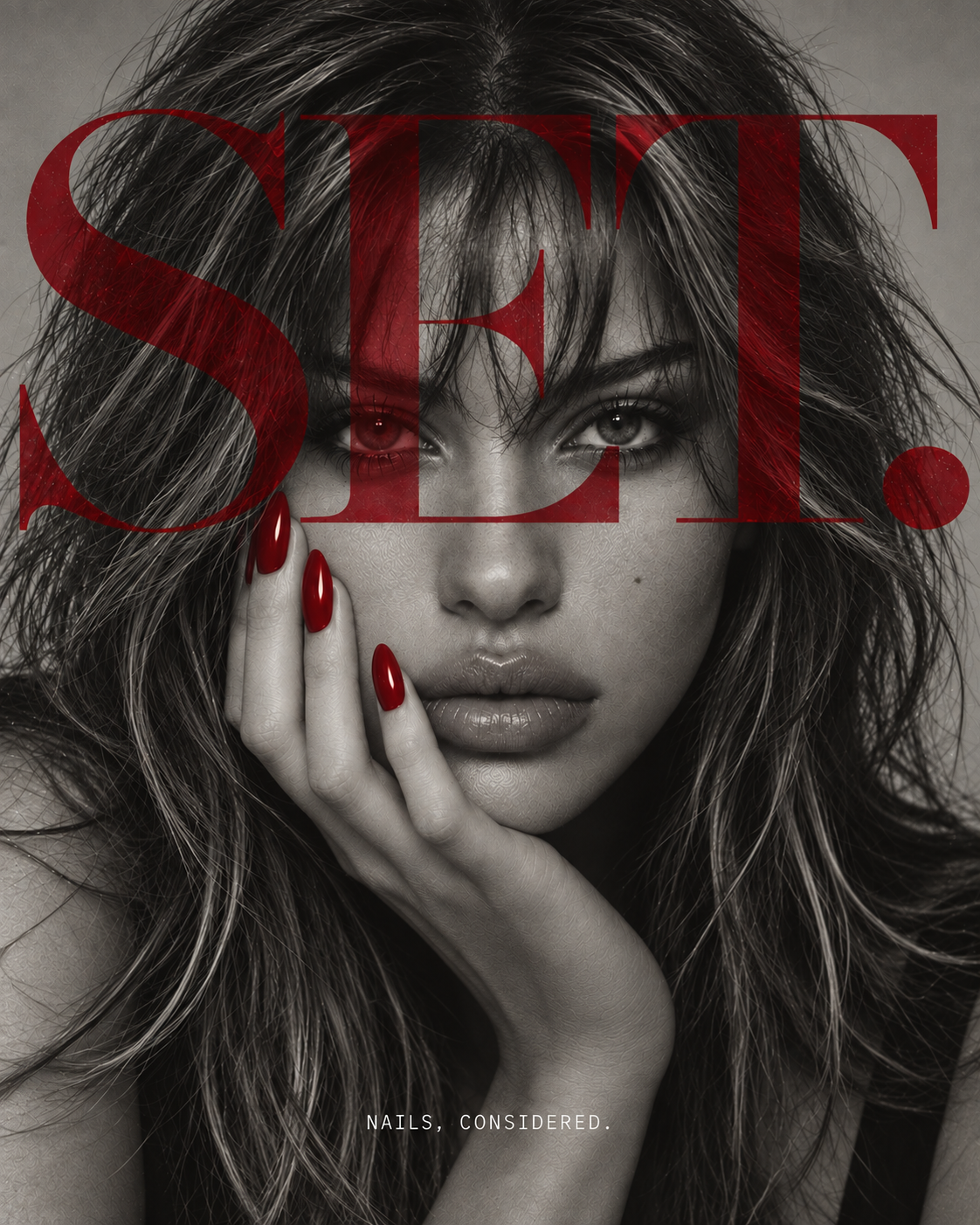 SET. editorial cover, portrait with red almond nails