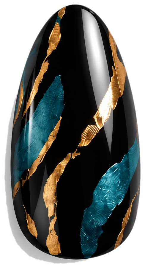 SET. 005 JAX JAG black almond press-on nail with teal and gold artwork on white.
