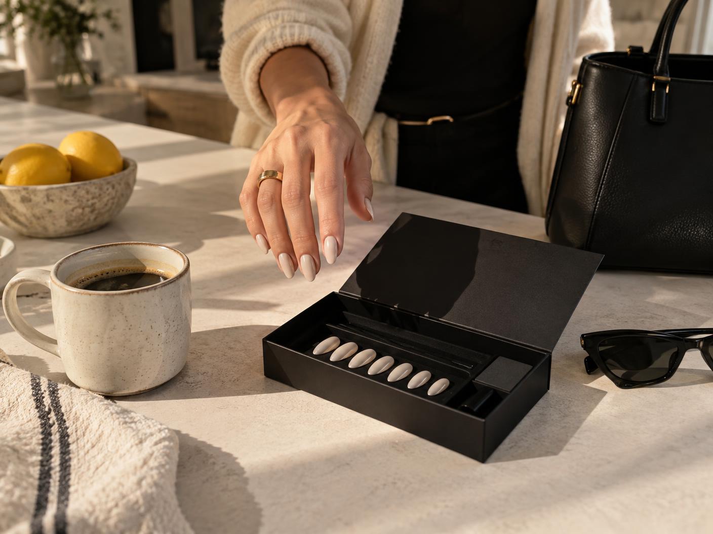 A nail set opened on a sunlit kitchen counter as a manicured hand reaches toward it