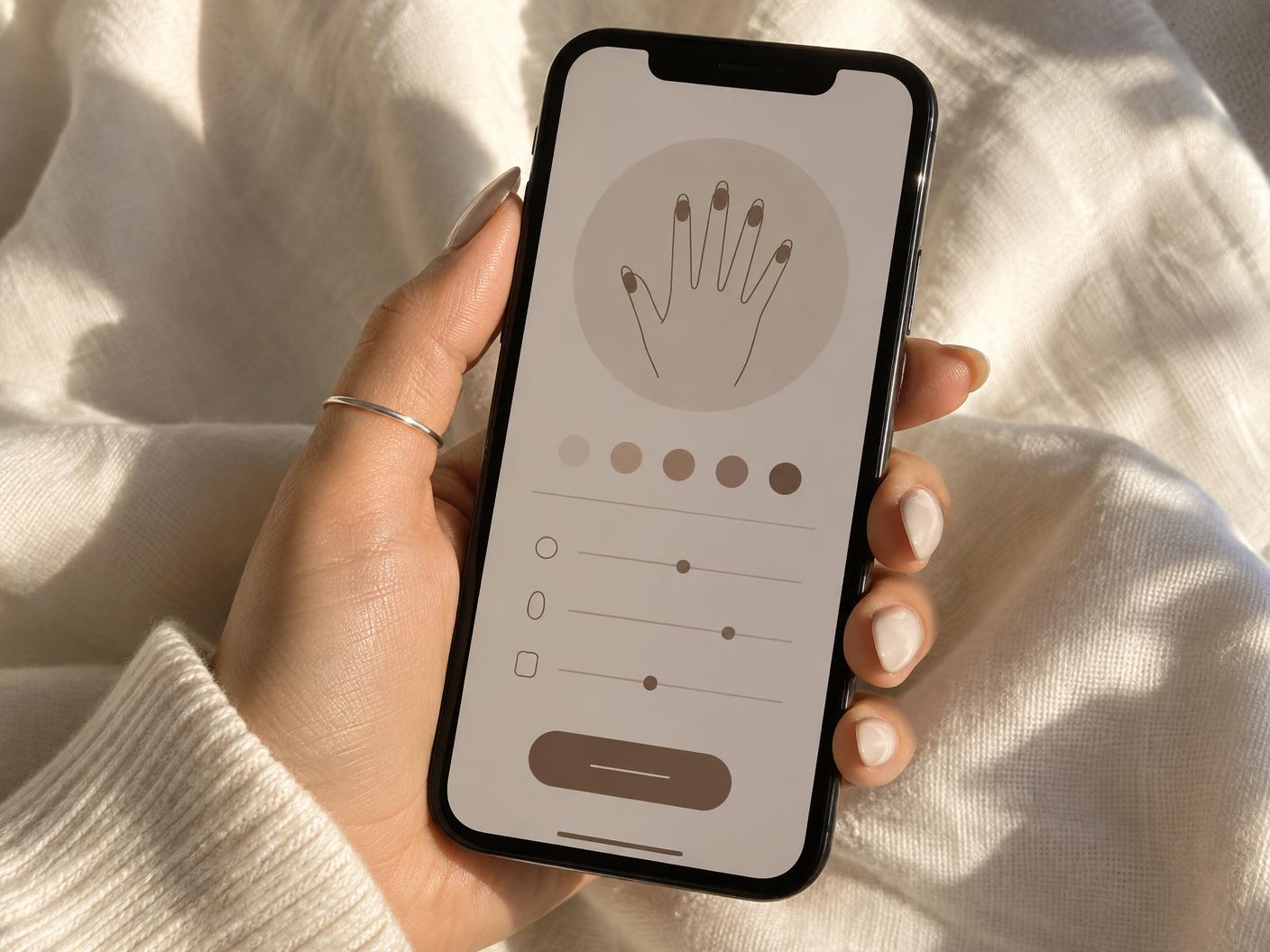 Woman holding a phone with her saved nail sizing profile