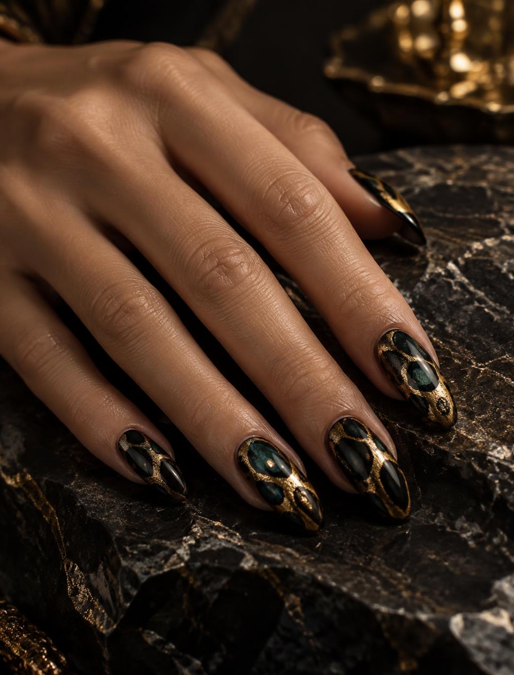 Hand on black stone wearing SET. 005 JAX JAG black, teal and gold patterned almond nails.