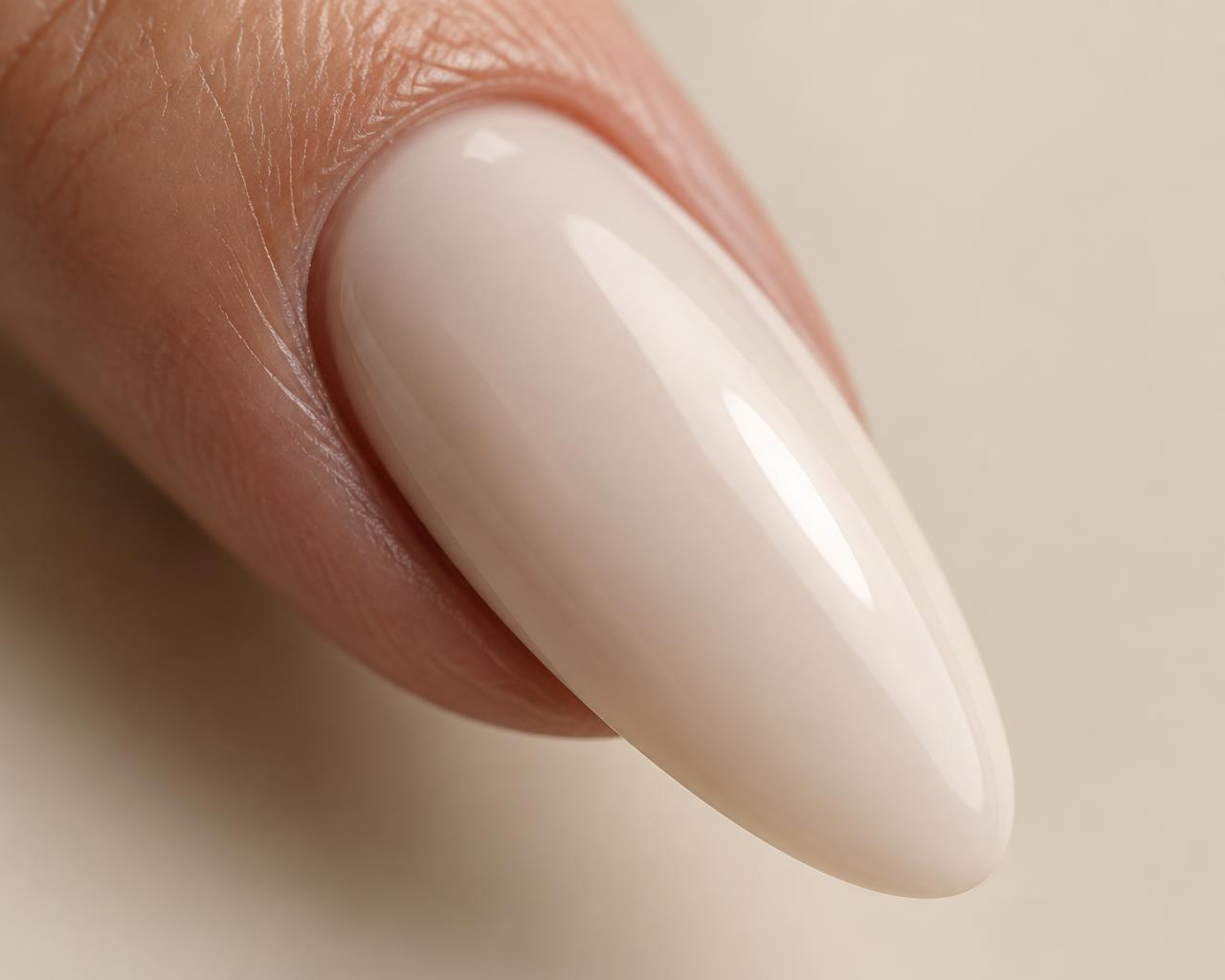 Macro study of a SET. almond press-on nail showing surface finish and natural cuticle.